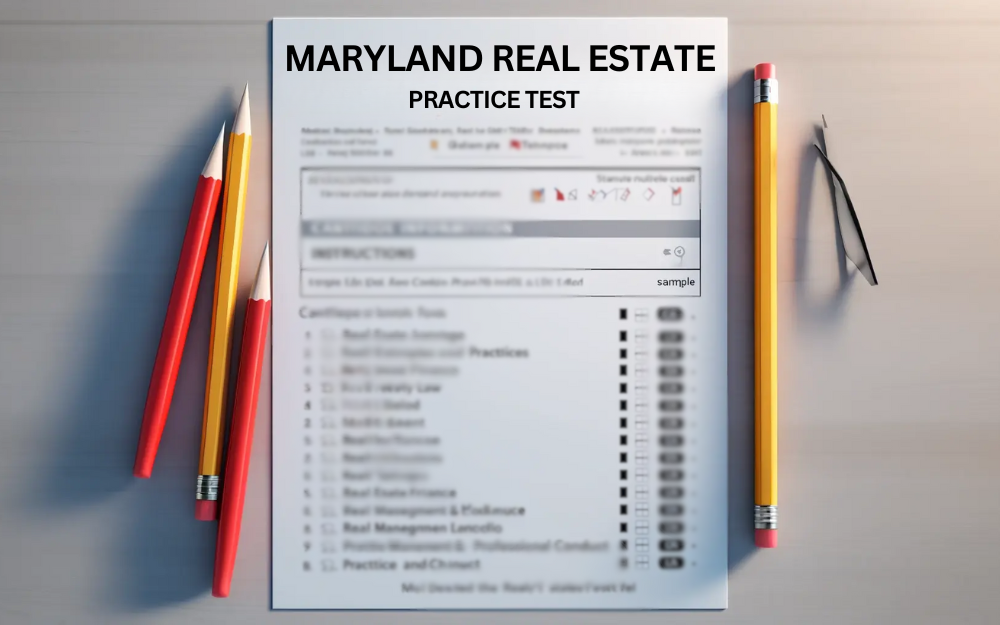 A Maryland real estate practice test on a desk with red and yellow pencils.